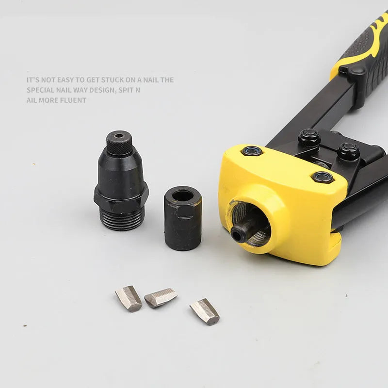 Yellow manual rivet gun with 13-inch handle and built-in tips for household riveting work