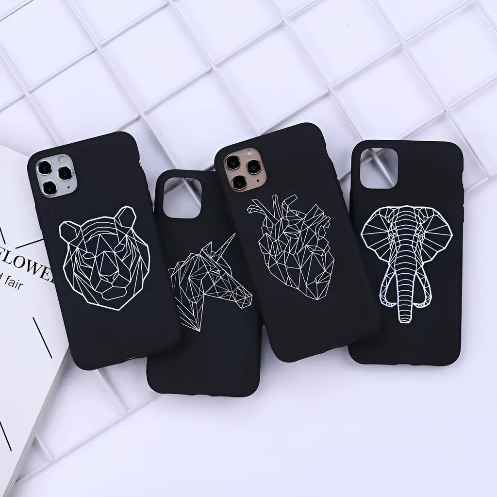 Animal line art painted TPU iPhone case showing graffiti-style cat, deer, horse, love, snake, and wolf designs on solid colour background