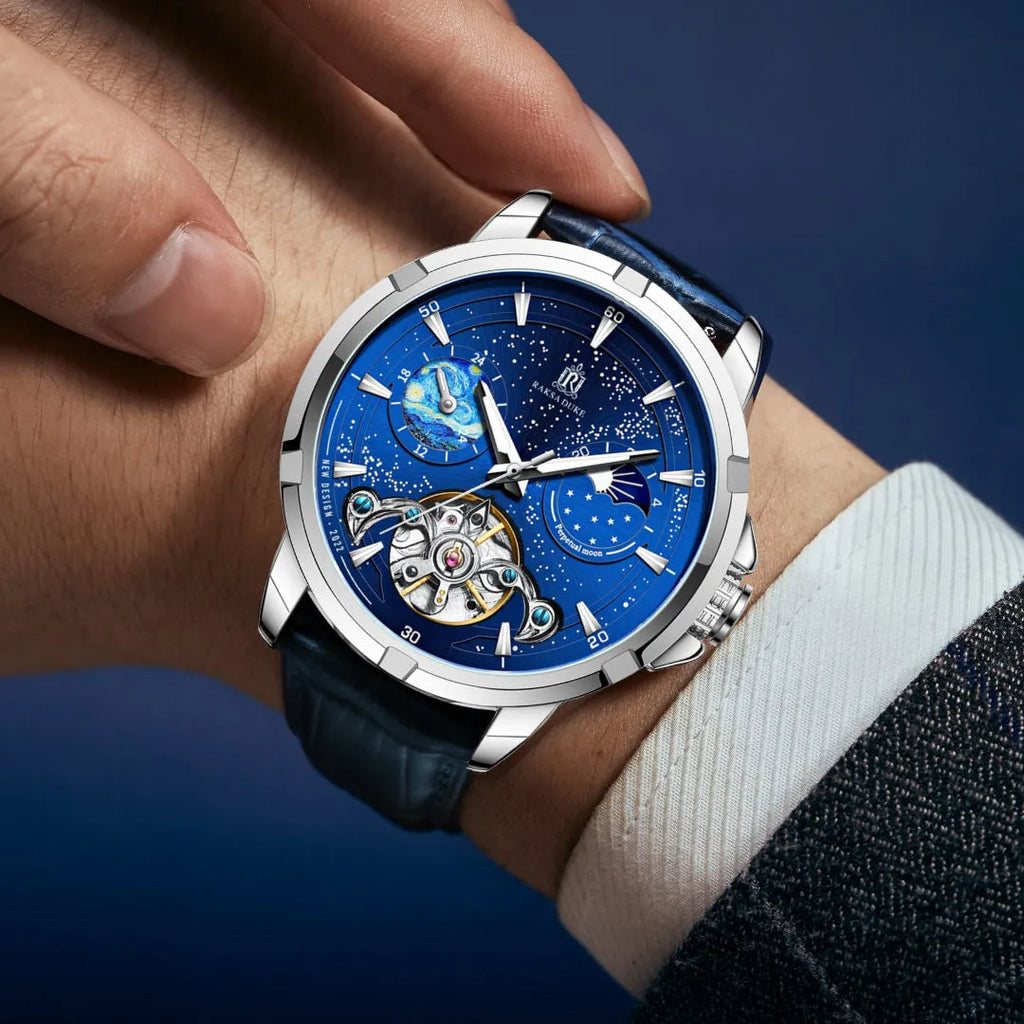 T885B blue men's automatic mechanical watch with skeleton dial showing internal movement
