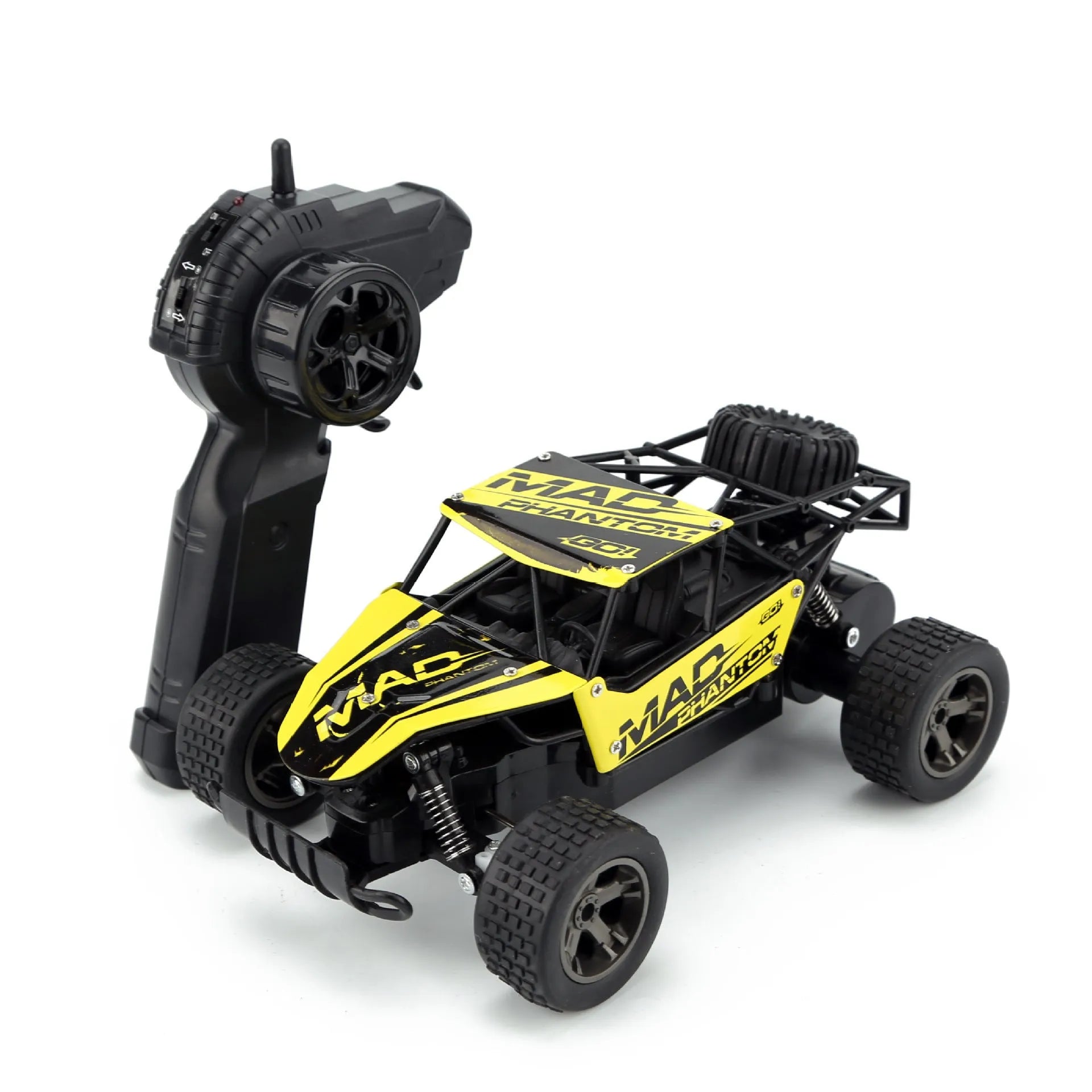 Blue and yellow 1:18 scale remote control drift car with 2.4GHz transmitter on a flat surface