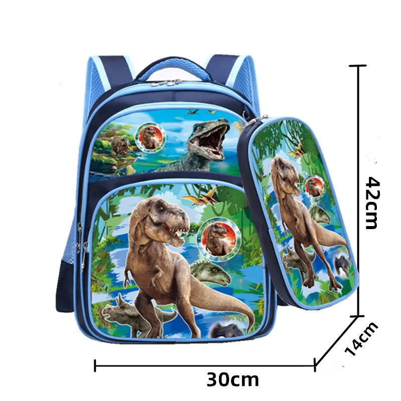 Blue children's school backpack with anime cartoon print, showing front pocket and shoulder straps.
