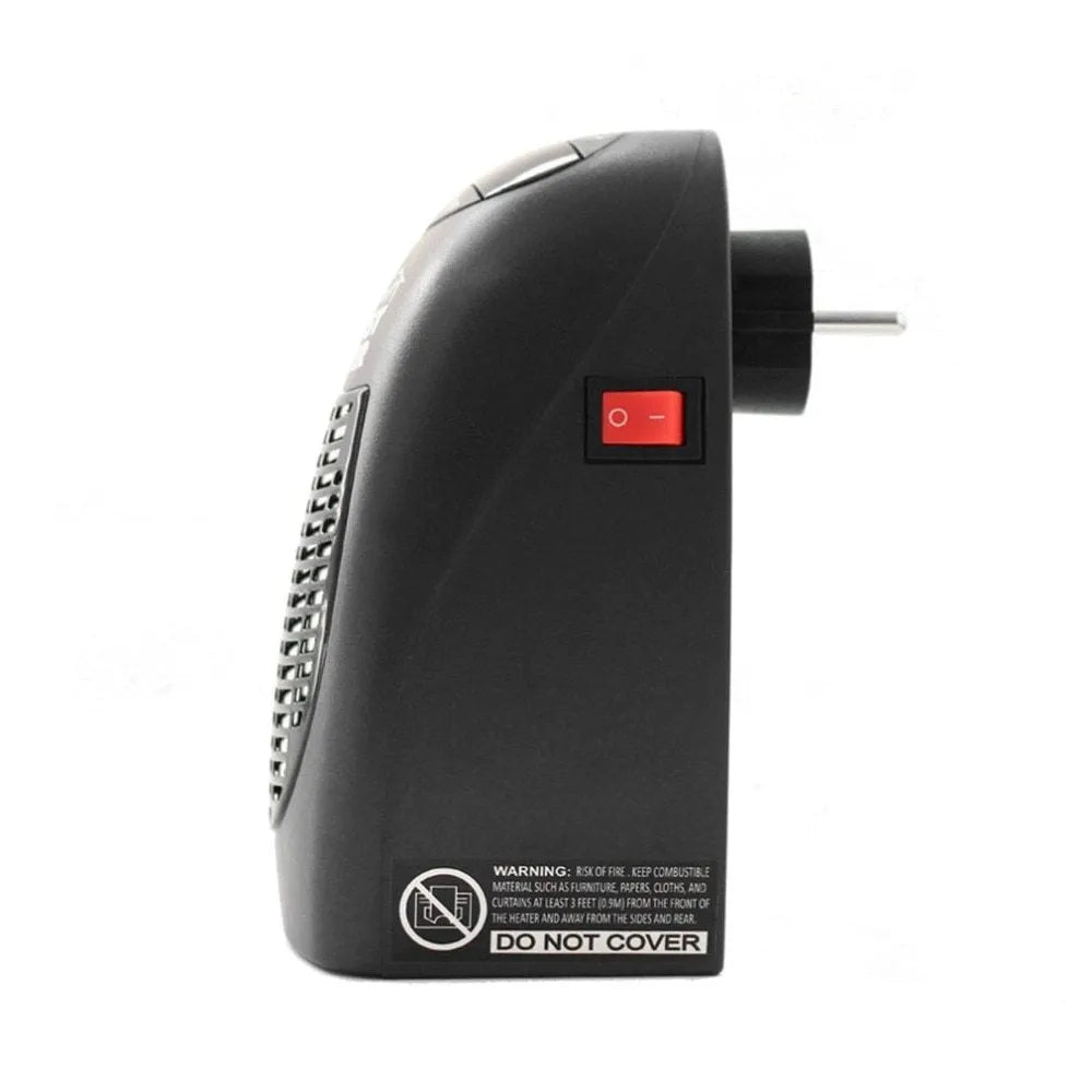 Black compact ceramic electric heater with digital display and a rotating three-pin plug.