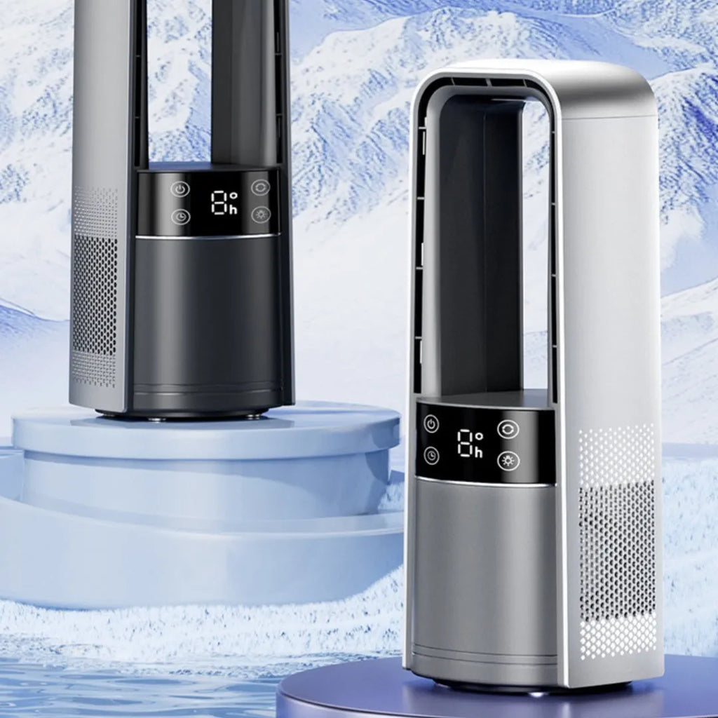 Bladeless twin-turbo ice-sensing fan in light gray with remote control, six speeds, night light, 3500mAh