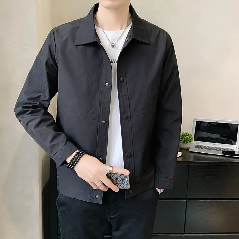 Men's thin Korean-style single-layer jacket in polyester, shown in light grey, featuring long sleeves and a stitched construction.