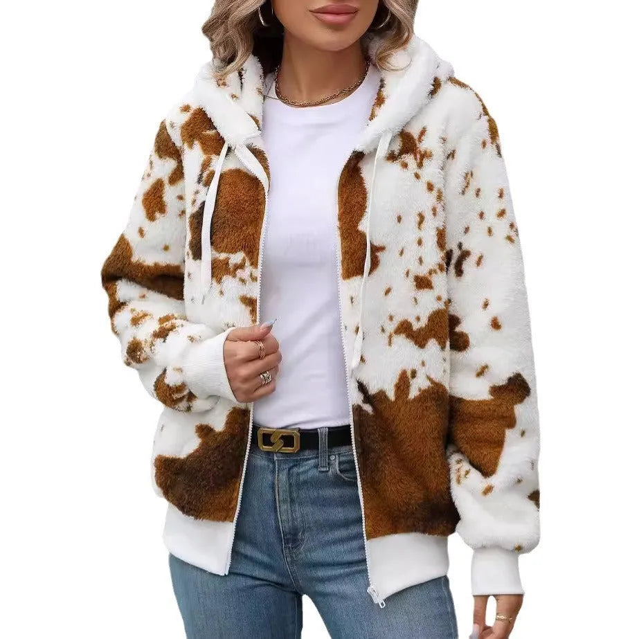 Yellow and brown cow print animal pattern hooded zip-up cardigan jacket for streetwear