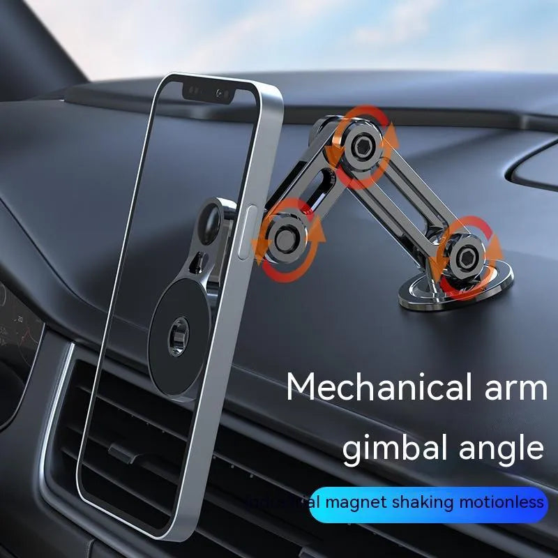 Black magnetic car phone holder mounted on car air vent with phone attached