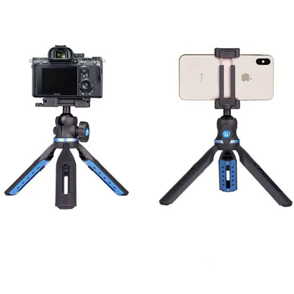 Black desktop mobile phone tripod stand holding a phone, showing adjustable angle bracket.