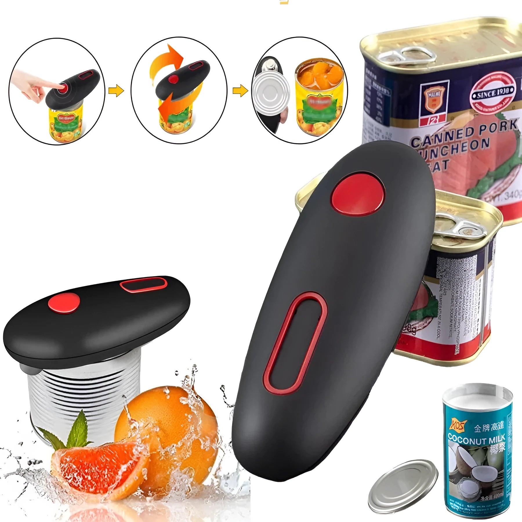 Black automatic electric can opener for hands-free opening of cans, jars, and bottles