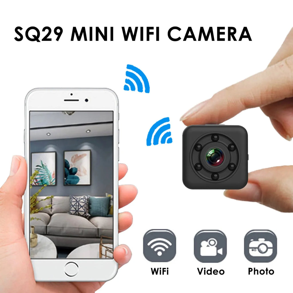 SQ29 black waterproof sports camera showing compact square design with MicroUSB port