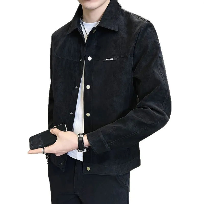 Solid colour suede lapel spring jacket for men, regular fit, long sleeves, side pockets, brown colour