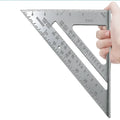 Black aluminium alloy woodworking square showing 90-degree angle and measurement markings