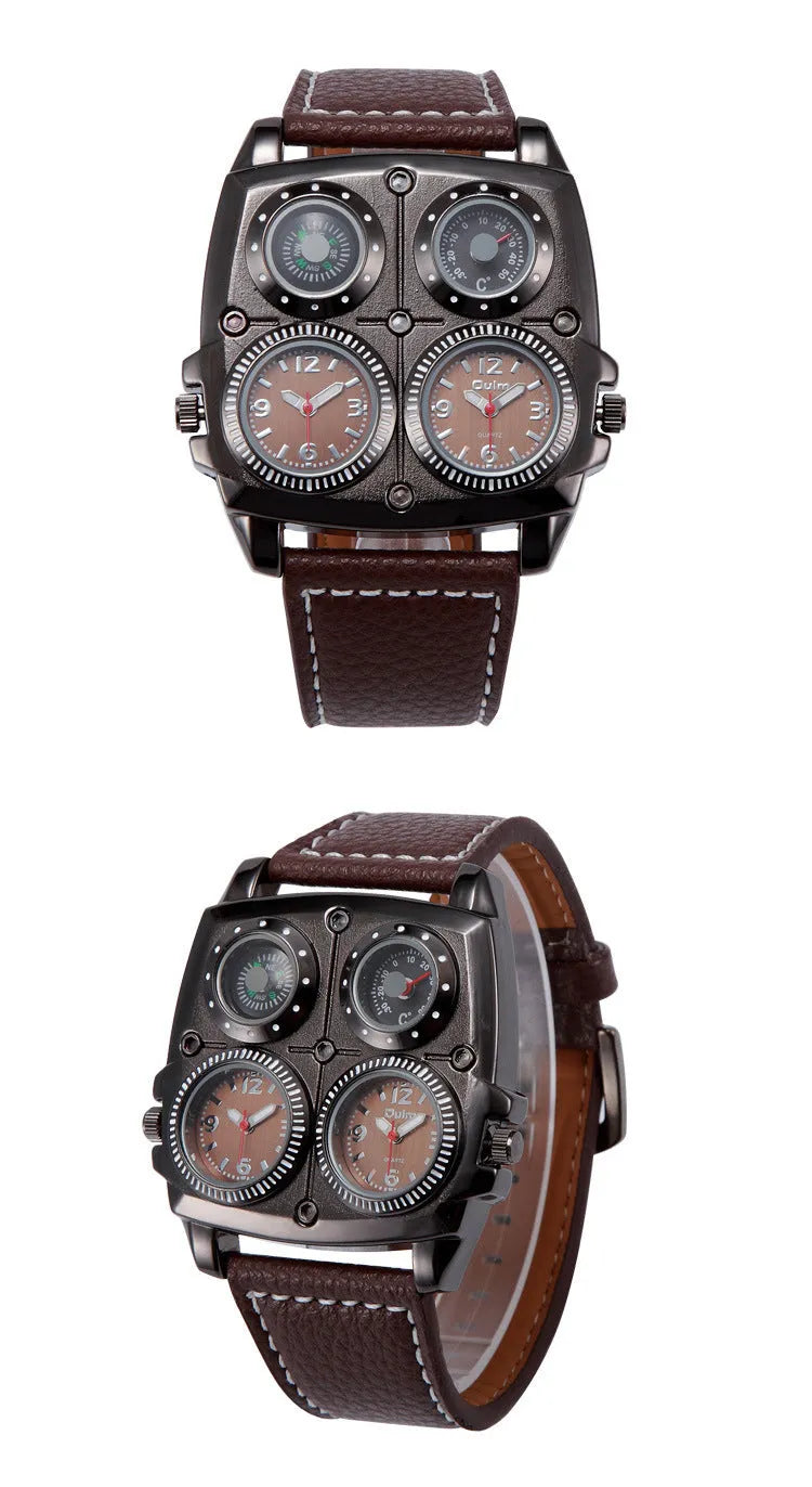 Men's quartz watch with 49mm square alloy case, imitation leather strap, and luminous compass GMT thermometer functions