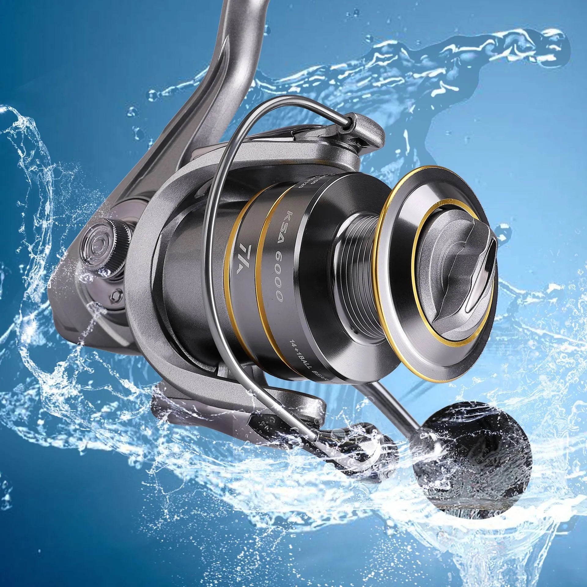 Silver sub fishing line wheel with all-metal rocker arm and metal wire cup on white background