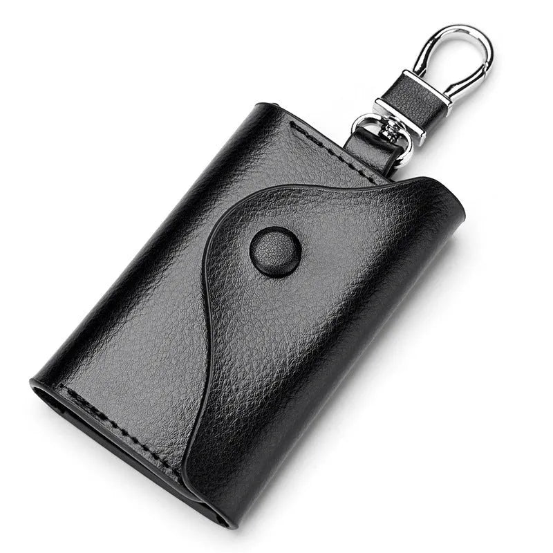 Men's black genuine leather square keychain card holder with key ring and card slot.