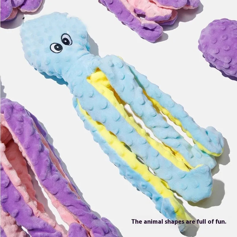 Plush long-legged octopus pet toy with ringing paper and creaking elements in blue or purple crocheted design
