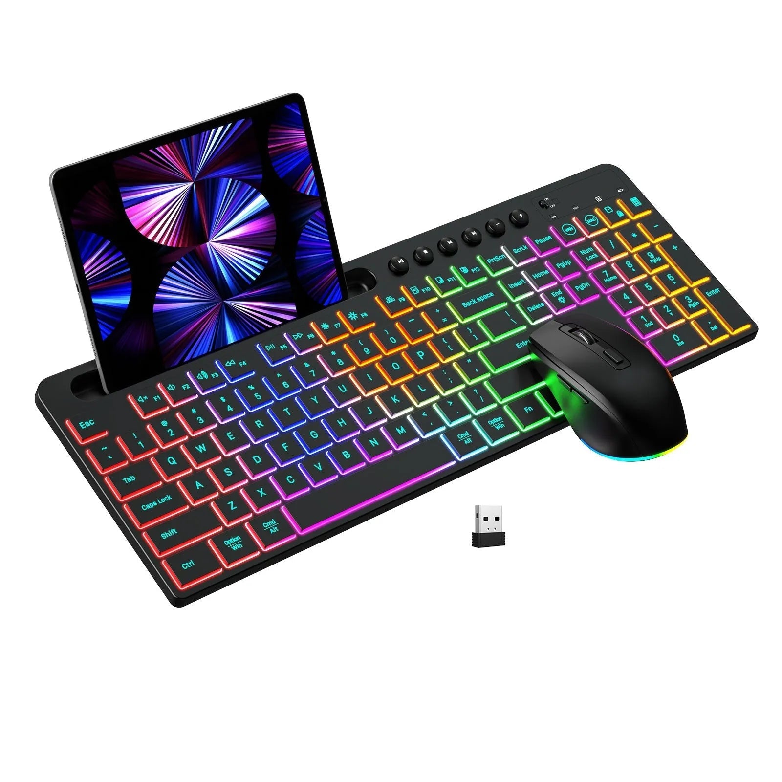 Wireless keyboard and mouse set with luminous keys and ergonomic mouse design