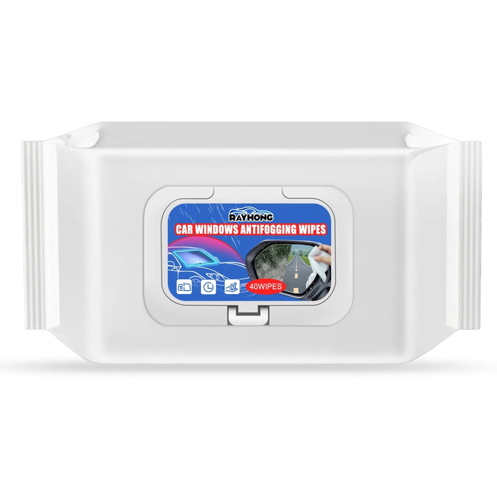 Pack of 40 car anti-fog rain wipes showing individual 18x8x3cm non-woven fabric cloths with water-based resin formula