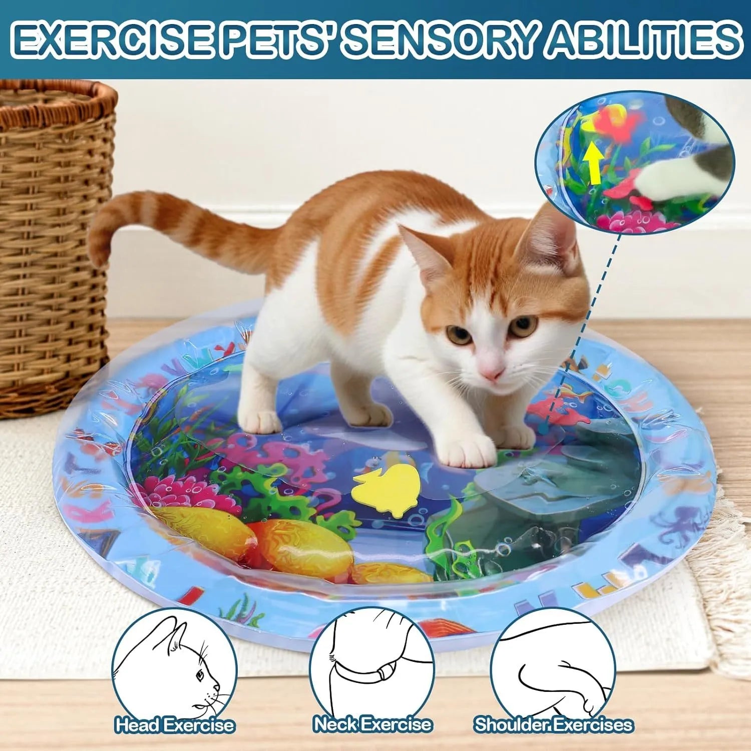 Square blue water sensory playmat for cats and dogs with ocean fish design and floating toys inside.