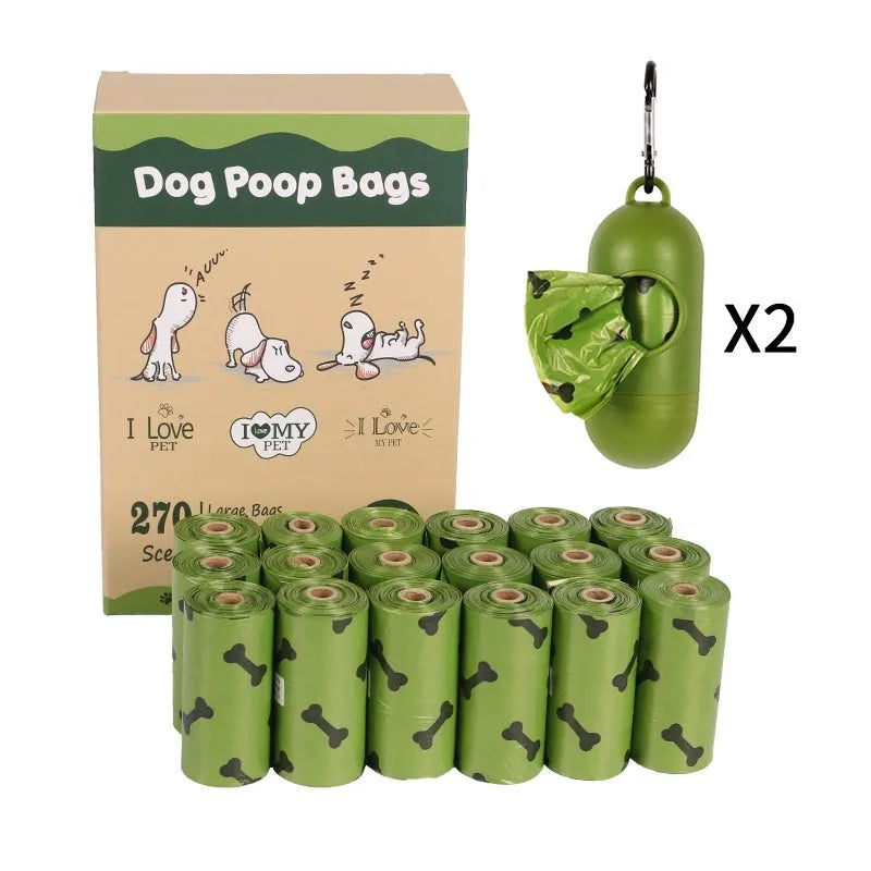 Military green degradable dog poop bags with black bone print showing roll format and dimensions