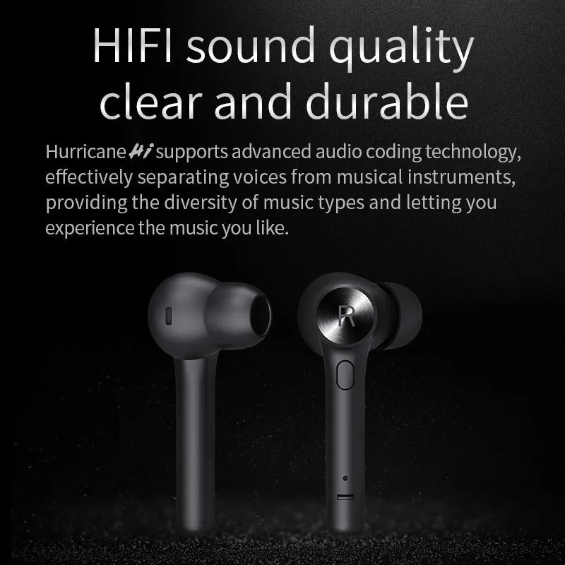 Black TWS Bluetooth wireless in-ear headphones on a white background.