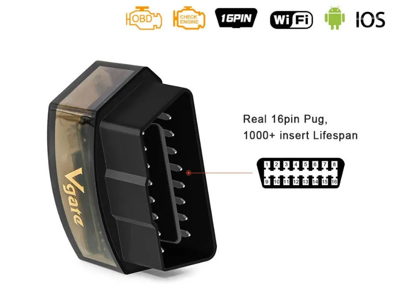 Vgate iCar Pro WiFi OBD2 adapter in black, plugged into car OBD2 port for diagnostics
