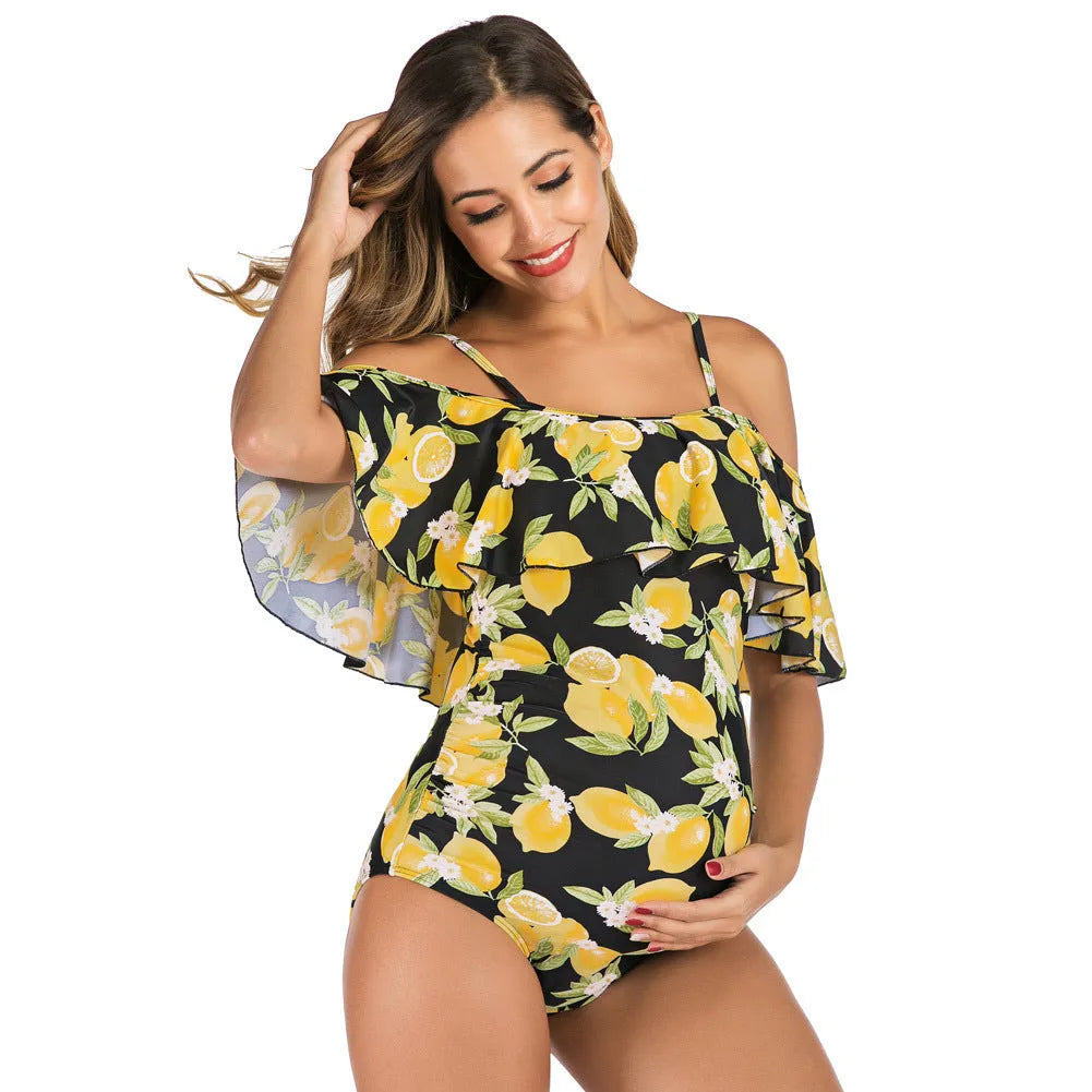Ruffled one-piece maternity swimsuit in lemon nylon with chest pad option, Asian sizes S to XXL