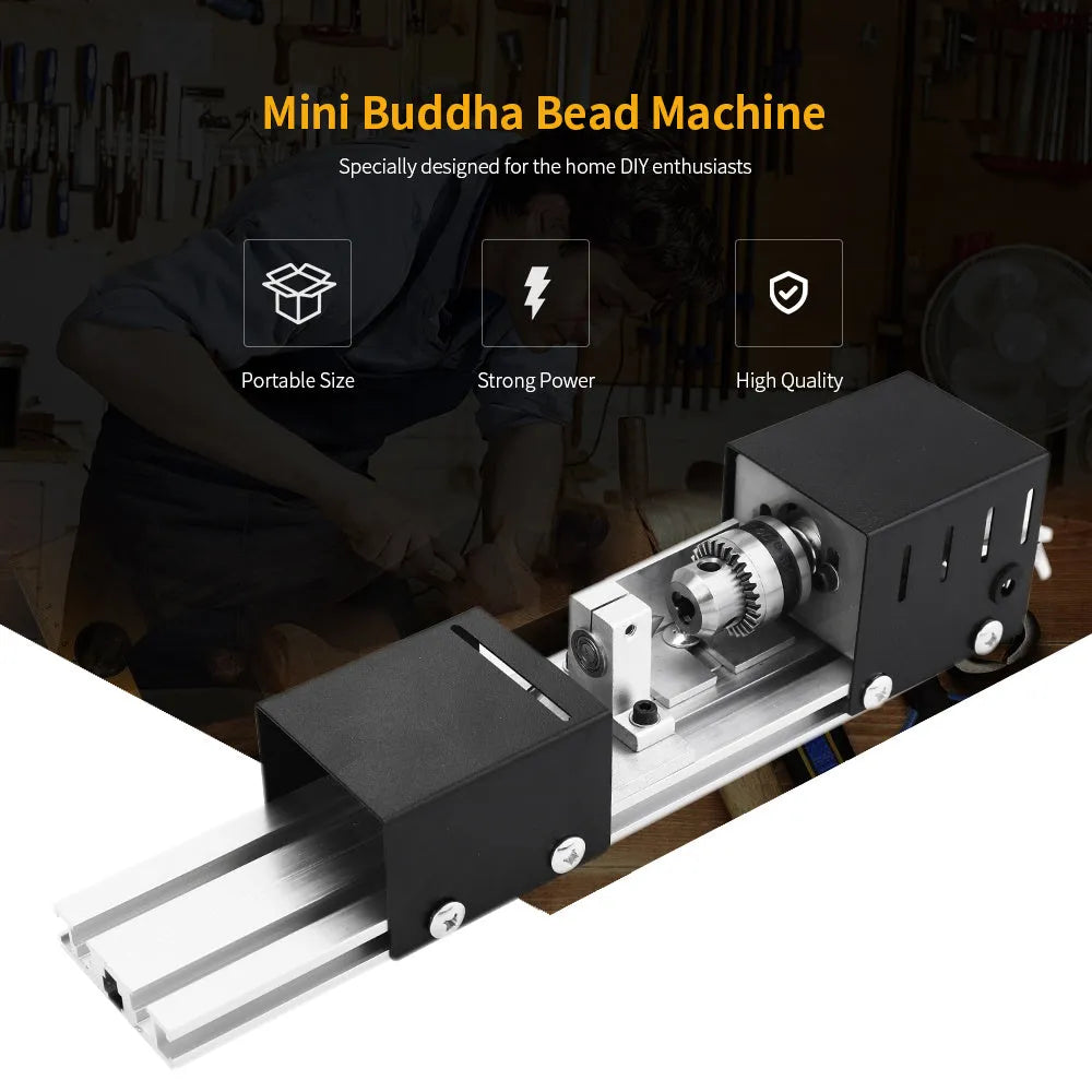 Silver metal mini woodworking lathe on a bench with carving knives and accessories.