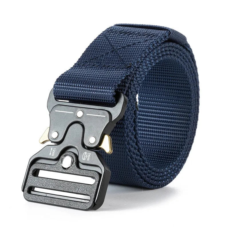 Men's canvas tactical belt with alloy buckle in multiple colour options showing 120cm length