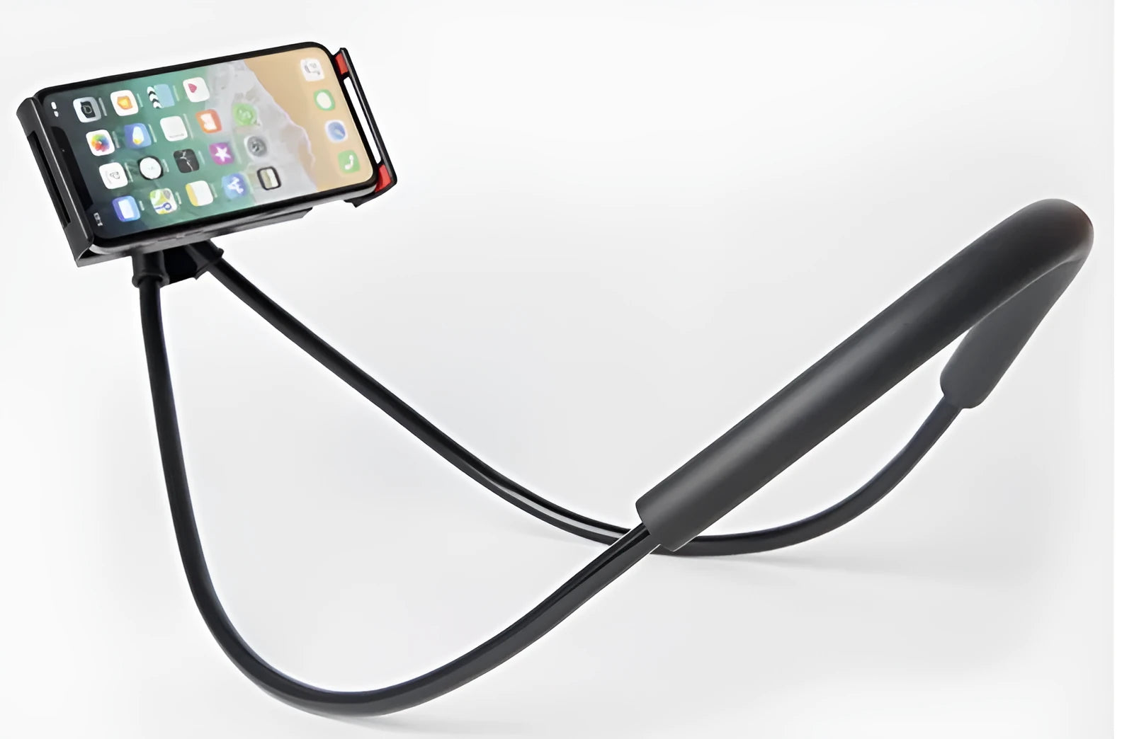 White universal smartphone neck holder with 360-degree rotating clamp on a table.