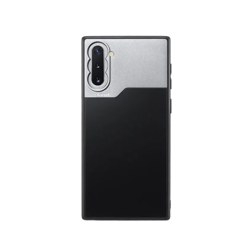 Black mobile phone back cover case with PC aluminium TPU construction and integrated lens shell element for Samsung NOTE10 and iPhone 8 Plus
