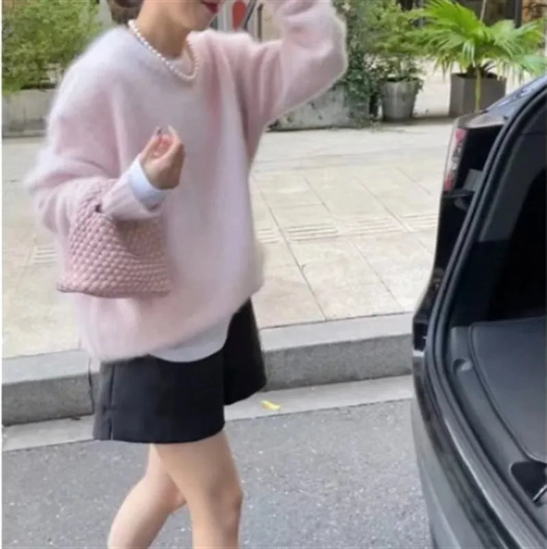 Women's Mohair lazy loose pullover sweater in solid colour, long sleeves, polyester blend, front view