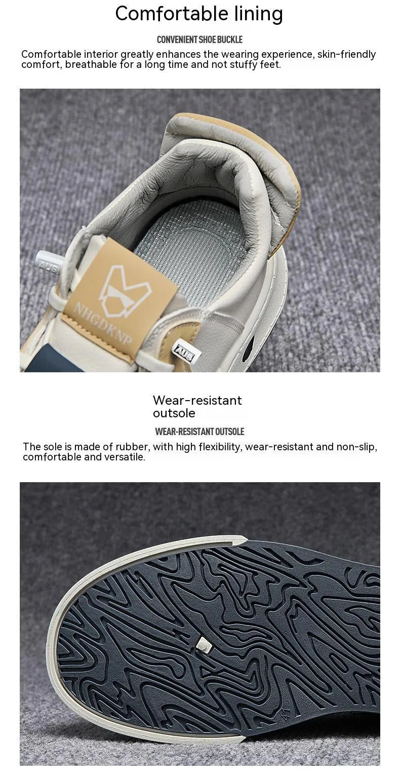 Men's beige low-top slip-on sneakers with elastic band and round toe on a plain background.