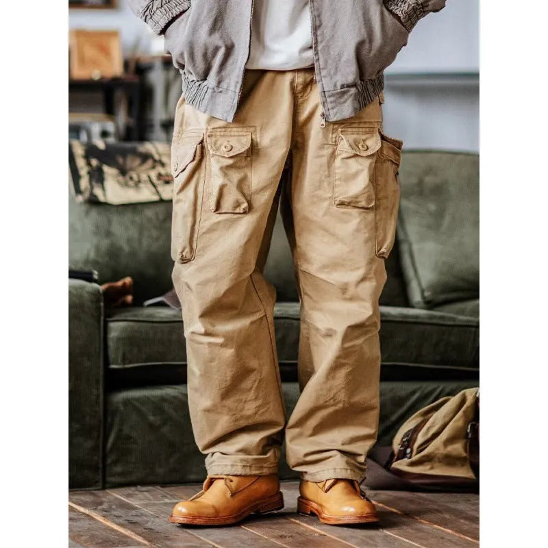 Men's corduroy cargo pants in khaki colour with multi-pockets, drawstring waist, and straight legs
