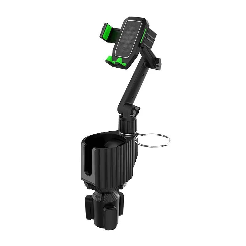 Grey and green car drink holder and mobile phone mount with ABS plastic construction