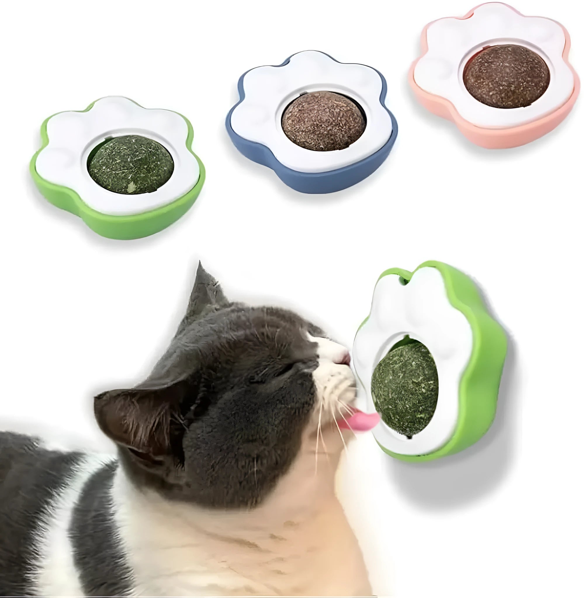 Three coloured catnip balls with edible vine surface for dental cleaning, 45mm diameter