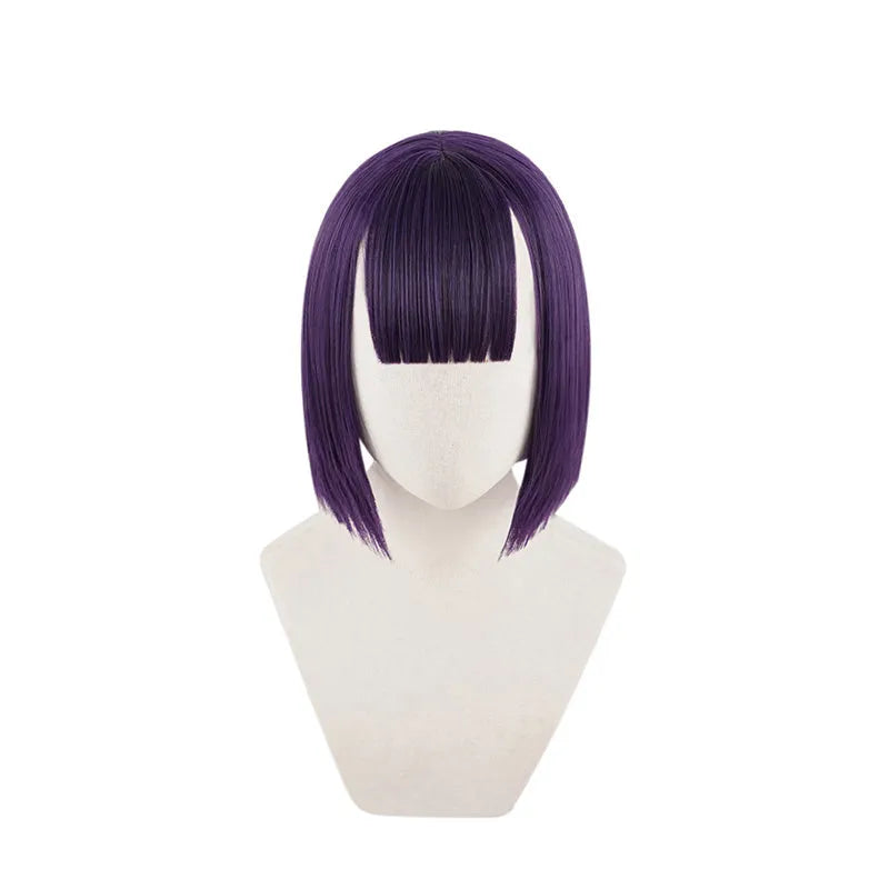 Short purple cosplay wig on mannequin head with high temperature silk fibre and rose net inner cap