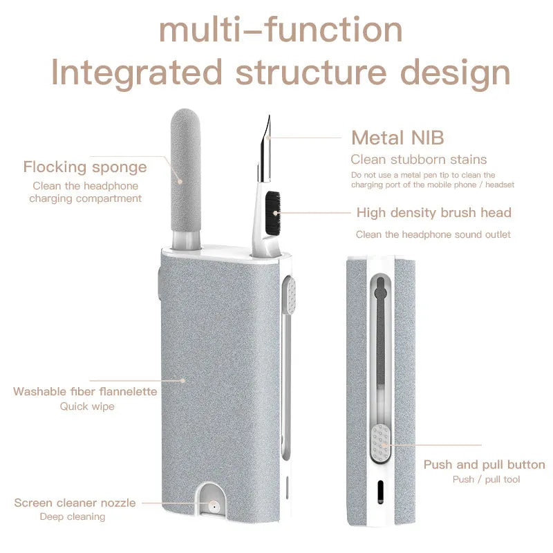 5-in-1 multifunctional screen and earphone cleaning kit with brush, sponge, and metal tip tools.