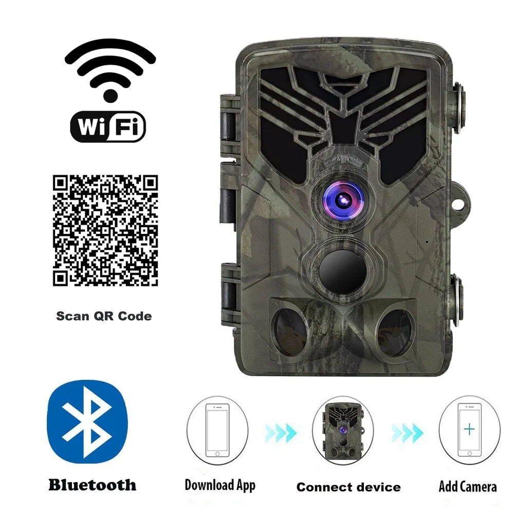 Wifi830 trail camera with camouflage pattern showing lens, infrared LEDs, and belt mount