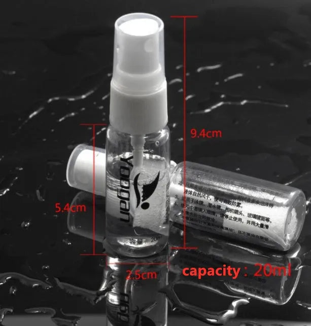 Anti-fog liquid bottle with 15ml and 20ml options for glasses, goggles, and camera lenses
