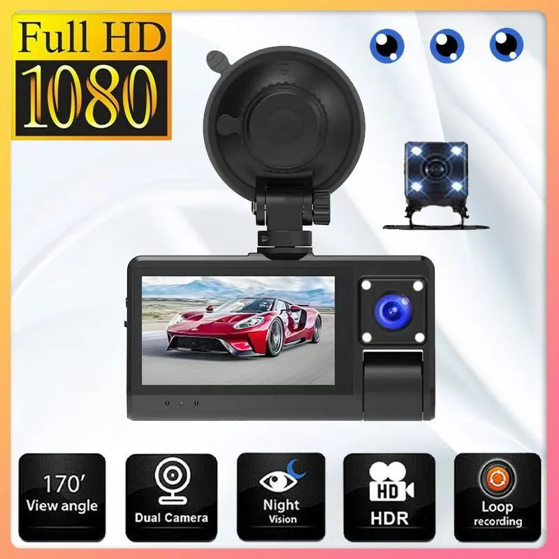 Black G50 dash cam with 3-inch touch screen shown mounted on a car windshield.