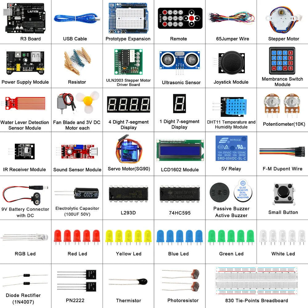 LAFVIN Arduino UNO R3 super starter kit with blue development board and numerous electronic components