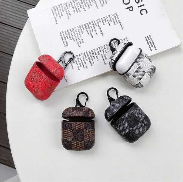 iPhone XS Max leather case with anti-lost hook for Bluetooth headset in grid pattern design