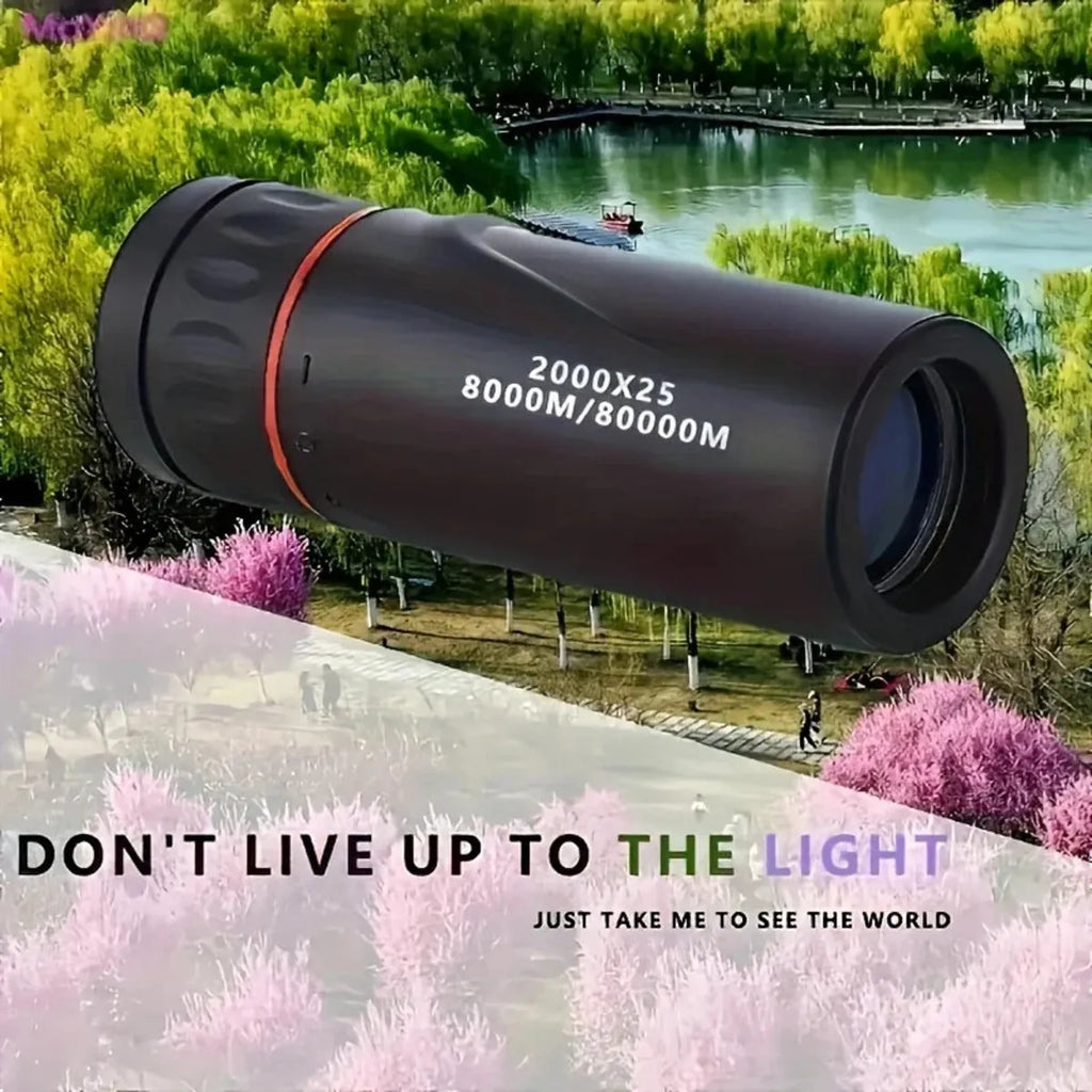 Black monocular telescope with rubber grip and attached mobile phone holder for outdoor observation