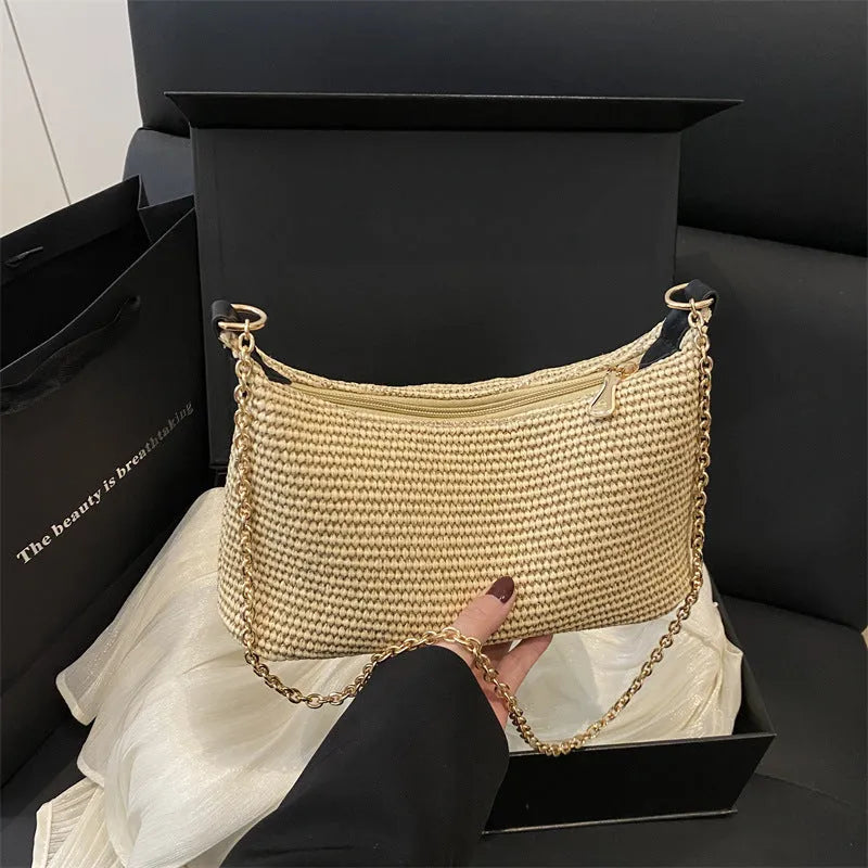 Straw woven beach shoulder tote bag with square shape and sandwich pockets in khaki colour