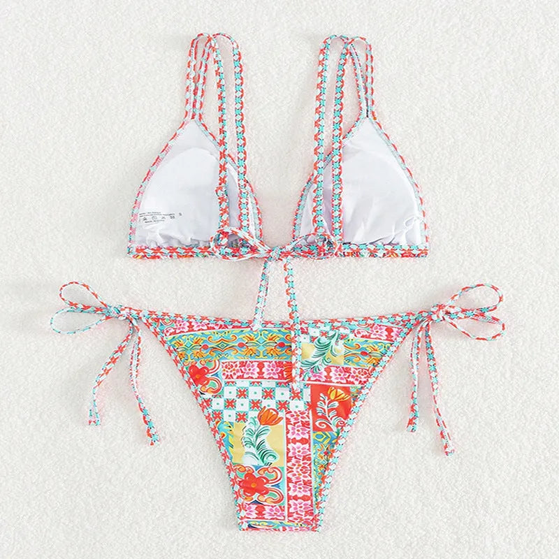 Women's European style lace-up split swimsuit bikini set with backless design