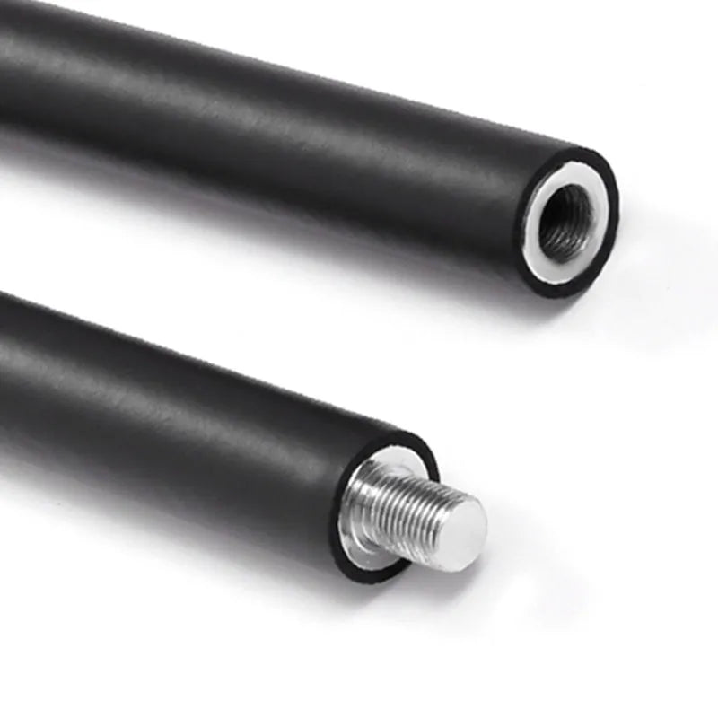 Stainless steel pilates stick with black EVA sponge grip and a silver bearing ring.