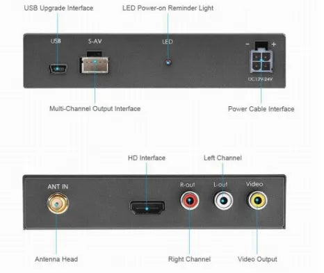 Black car Wi-Fi mirror box with AV converter, power cable, antenna and connection cables for smartphone integration