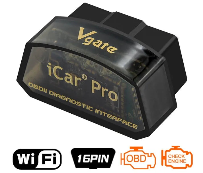 Vgate iCar Pro WiFi OBD2 adapter in black, plugged into car OBD2 port for diagnostics