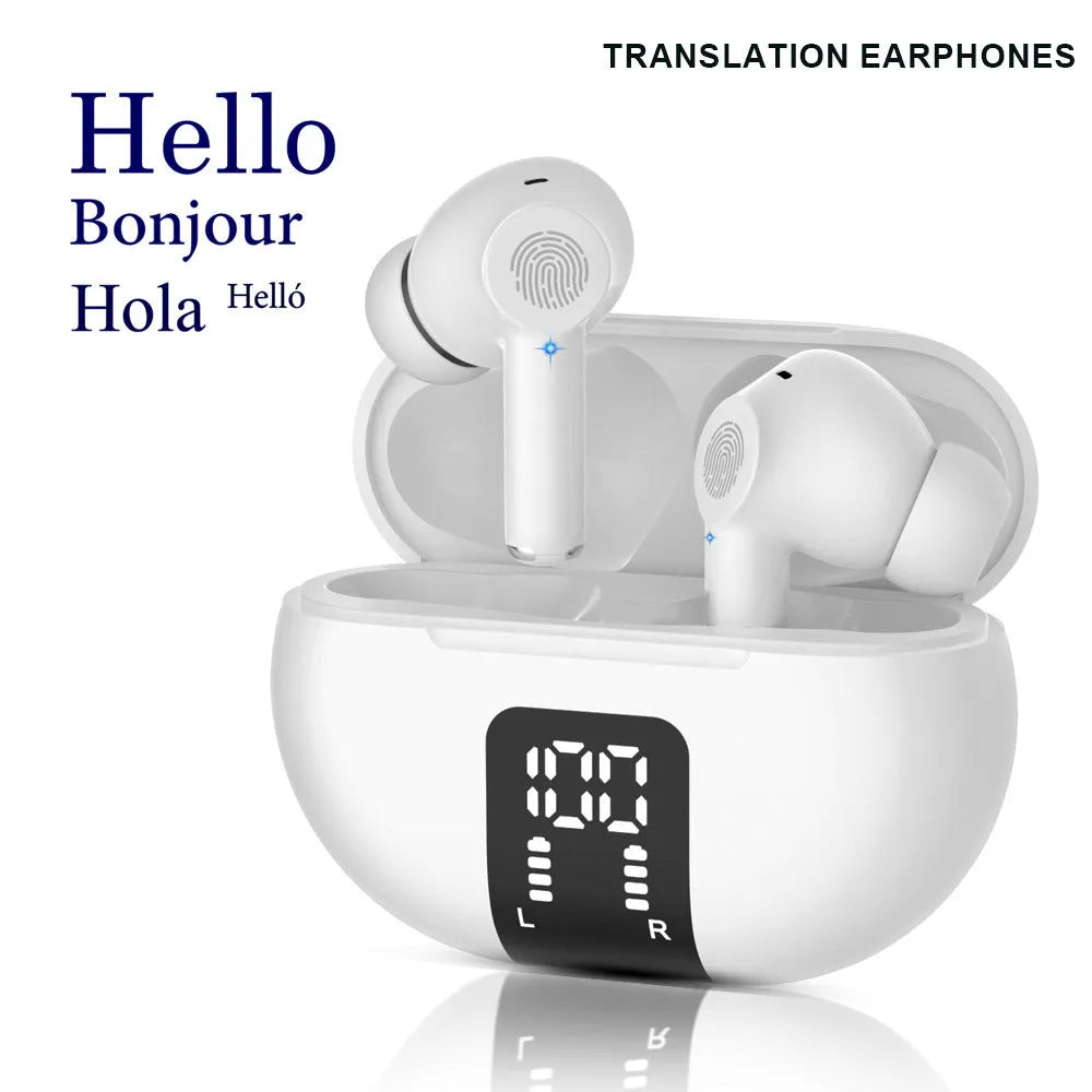 M10 TWS Bluetooth translation earbuds in white or black with touch control and 6.2 by 2.4 cm ABS body