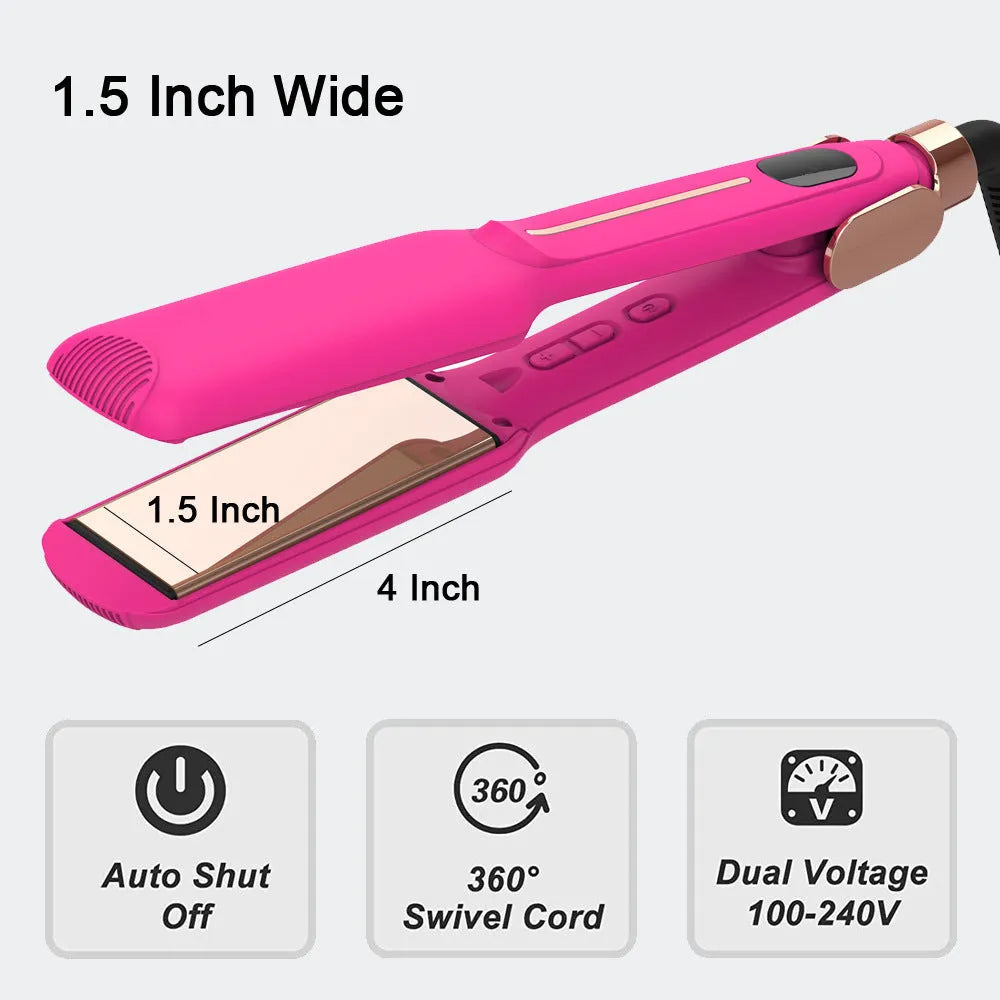 Rose red infrared hair straightener with 1.5-inch ceramic plates and negative ions